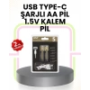 USLUCAN ALIŞVERİŞ Tekrar Şarj Edilebilir AA USB Type-C Pil | 1000+ Döngü | 1.5V Sabit Voltaj