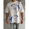 USLUCAN ALIŞVERİŞ Unisex Bisiklet Yaka Baskılı Oversize T-Shirt - Beyaz