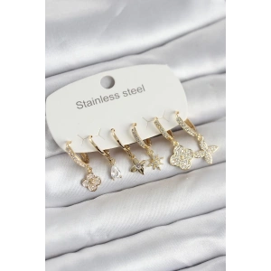 USLUCAN ALIŞVERİŞ 316L Çelik Gold Renk 6lı Set Yonca Model Kadın Küpe