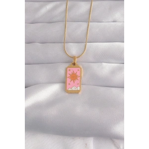 USLUCAN ALIŞVERİŞ 316L Çelik Gold Renk Pembe Mineli Güneş Model Tarot Kolye