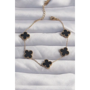 USLUCAN ALIŞVERİŞ 316L Çelik Gold Renk Siyah Mineli Yonca Bileklik