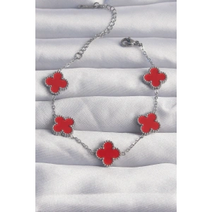 USLUCAN ALIŞVERİŞ 316L Çelik Gümüş Renk Kırmızı Mineli Yonca Bileklik