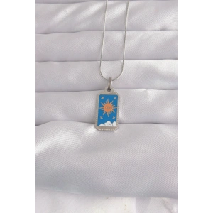 USLUCAN ALIŞVERİŞ 316L Çelik Gümüş Renk Mavi Mineli Güneş Model Tarot Kolye