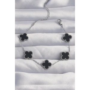 USLUCAN ALIŞVERİŞ 316L Çelik Gümüş Renk Siyah Mineli Yonca Bileklik