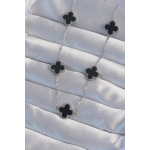 USLUCAN ALIŞVERİŞ 316L Çelik Gümüş Renk Siyah Mineli Yonca Kolye