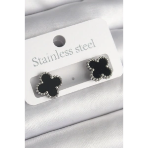 USLUCAN ALIŞVERİŞ 316L Çelik Gümüş Renk Siyah Yonca Model Kadın Küpe