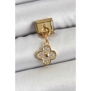 USLUCAN ALIŞVERİŞ 316L Çelik Sallantılı Zirkon Taşlı Yonca Model Gold Renk Nomination Charm