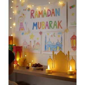 USLUCAN ALIŞVERİŞ 3D Cami Masa Üstü Dekor 2 Pilli LED Mumlu Hediye Set
