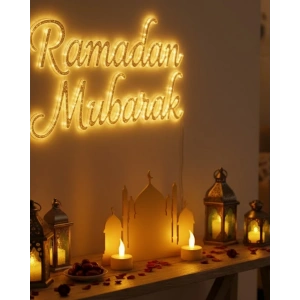 USLUCAN ALIŞVERİŞ 3D Cami Siluet Dekor 2 Pilli Mum Dahil Ramazan Masa Üstü