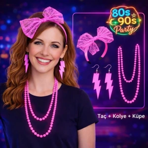USLUCAN ALIŞVERİŞ 80’ler 90’lar Neon Pembe Parti Seti – Kolye Küpe Taç
