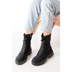 USLUCAN ALIŞVERİŞ 868-2006 Siyah Zümrüt Düz Topuklu Bağcıklı Fermuarlı Günlük Kadın Bot