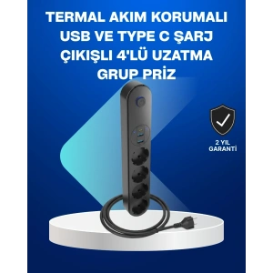 USLUCAN ALIŞVERİŞ Akıllı Akım Dengelemeli 4’lü Çoklu Priz Type-C ve USB Çıkışlı