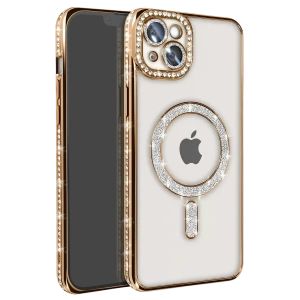 USLUCAN ALIŞVERİŞ Apple iPhone 14 Kılıf Joke Simli Magneticsafe Kılıf - Gold