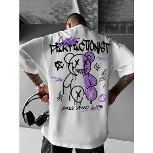 USLUCAN ALIŞVERİŞ Baskılı Oversize Bisiklet Yaka T-shirt - Beyaz