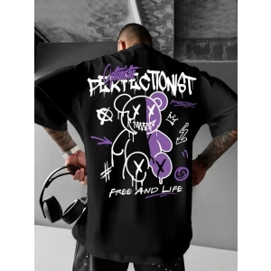 USLUCAN ALIŞVERİŞ Baskılı Oversize Bisiklet Yaka T-shirt - Siyah