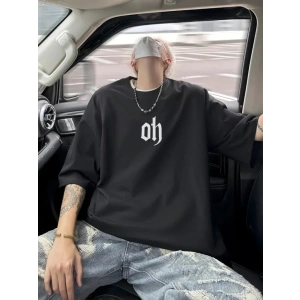 USLUCAN ALIŞVERİŞ Baskılı Oversize Bisiklet Yaka T-shirt - Siyah