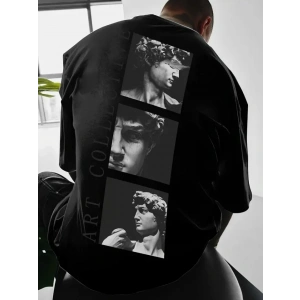 USLUCAN ALIŞVERİŞ Baskılı Oversize Bisiklet Yaka T-shirt - Siyah