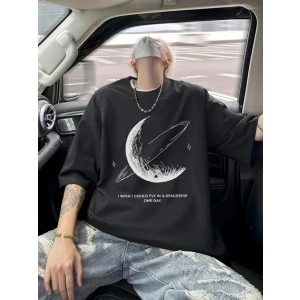 USLUCAN ALIŞVERİŞ Baskılı Oversize Bisiklet Yaka T-shirt - Siyah