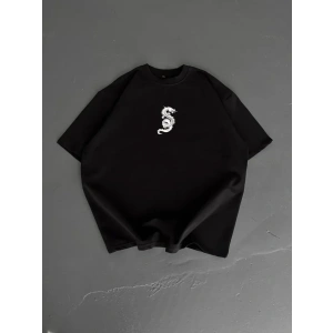 USLUCAN ALIŞVERİŞ Baskılı Oversize Bisiklet Yaka T-shirt - Siyah