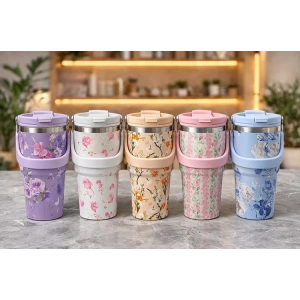 USLUCAN ALIŞVERİŞ Çiçek Desenli 700 ml Taşıma Kulplu Paslanmaz Çelik Termos Mug Bardak
