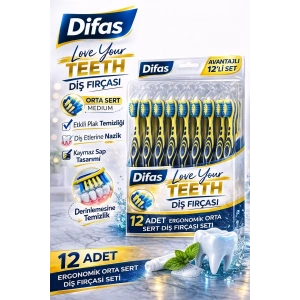 USLUCAN ALIŞVERİŞ Difaş Love Your Teeth Diş Fırçası 12 Adet Standlı Orta Sert Medium Ergonomik Saplı Manuel Diş Fırçası Seti