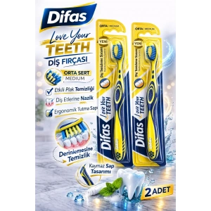 USLUCAN ALIŞVERİŞ Difaş Love Your Teeth Diş Fırçası 2 Adet Orta Sert Medium Ergonomik Saplı Manuel Diş Fırçası