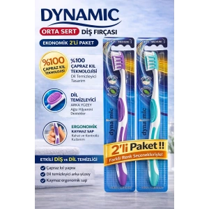 USLUCAN ALIŞVERİŞ Dynamic Orta Sert Diş Fırçası 2 Adet Medium Çapraz Kıl Teknolojili Dil Temizleyicili Ergonomik Saplı Diş Fırçası