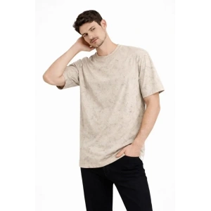 USLUCAN ALIŞVERİŞ Erkek Asit Yıkama Bisiklet Yaka Kısa Kollu Oversize T-Shirt Tişört - Bej