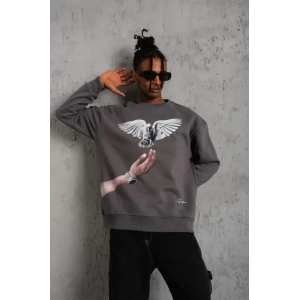 USLUCAN ALIŞVERİŞ Erkek Güvercin Baskılı Sweatshirt - Gri