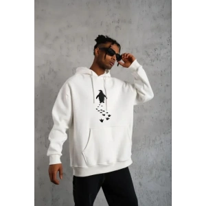 USLUCAN ALIŞVERİŞ Erkek Nihilist Penguen Temalı Oversize Kapüşonlu Sweatshirt - Beyaz