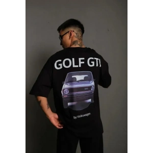 USLUCAN ALIŞVERİŞ Erkek Oversize Baskılı Tişört – Golf GTI Retro Araba Desenli, Ön - Arka Dijital Baskı, Sokak Modası Stil - Siyah