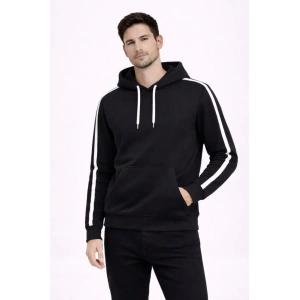 USLUCAN ALIŞVERİŞ Erkek Şeritli Kapüşonlu Sweatshirt Oversize 3 Iplik Pamuklu - Siyah