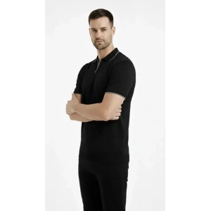 USLUCAN ALIŞVERİŞ Erkek Triko Kumaş Yakalı Düğmesiz Açık Yaka Fitilli Kısa Kollu Regular Fit Tişört T-shirt - Siyah