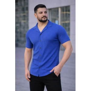 USLUCAN ALIŞVERİŞ Erkek Waffle Kumaş Kısa Kollu Düğmeli Açık Yaka Regular Fit Gömlek - Saks Mavisi