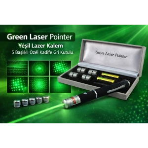 USLUCAN ALIŞVERİŞ Green Laser Pointer  Kalem 5 Başlıklı Özel Kadife Gri Kutulu
