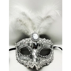 USLUCAN ALIŞVERİŞ Gümüş Payetli Pullu Tüylü Parti Maskesi
