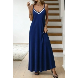 USLUCAN ALIŞVERİŞ Kadın Ip Askılı V şerit Yakalı Uzun Viskon Elbise