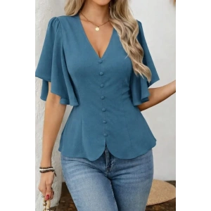 USLUCAN ALIŞVERİŞ Kadın Kısa Kollu önden Düğmeli Ithal Krep Bluz