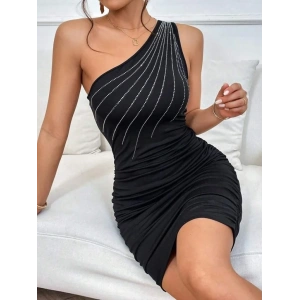 USLUCAN ALIŞVERİŞ Kadın Tek Omuzdan Askılı Omzu Açık Taşlı Mini Ithal Krep Elbise