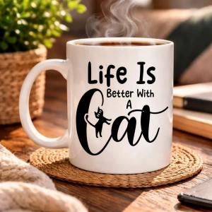 USLUCAN ALIŞVERİŞ Kedi Severlere Özel “Life Is Better With A Cat” Kupa MODEL 181 – Sevimli Kedi Tasarımlı Porselen Kahve Kupası – Hediyelik Kupa