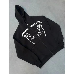 USLUCAN ALIŞVERİŞ Kışlık Baskılı Fermuarlı Kapüşonlu Hırka - Siyah