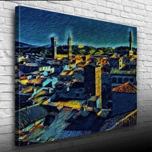 USLUCAN ALIŞVERİŞ Köy Silueti Mavi Tonlarda Kanvas Tablo 50 x 70