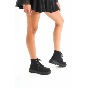 USLUCAN ALIŞVERİŞ LMÇ-2045 Kömür Siyahı Bağcıklı Kalın Taban Kadın Günlük Bot