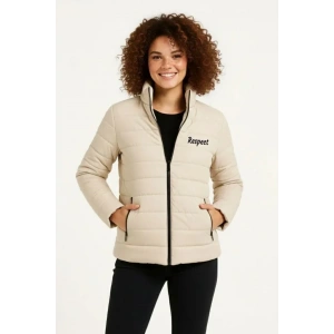 USLUCAN ALIŞVERİŞ Mikro Su İtici Kapitone Baskılı Astarlı Fermuarlı Bomber Mont - Bej