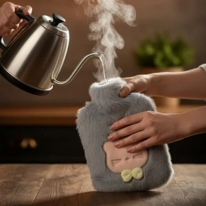 USLUCAN ALIŞVERİŞ Papyonlu Kedi Figürlü Mavi Peluş Sıcak Su Torbası 1 Litre