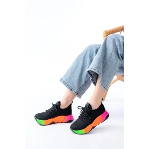 USLUCAN ALIŞVERİŞ RS-400  Siyah Bağcıklı Fileli Renkli Taban Günlük Kadın Spor