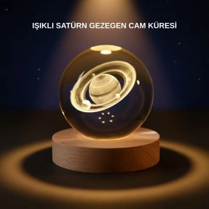 USLUCAN ALIŞVERİŞ Satürn Desenli Kristal Küre LED Gece Lambası Ahşap Standlı