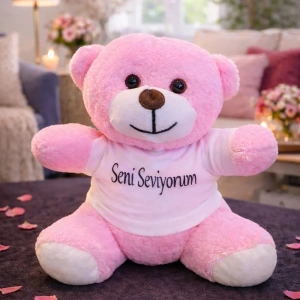 USLUCAN ALIŞVERİŞ Seni Seviyorum Tişörtlü Pembe Peluş Ayıcık