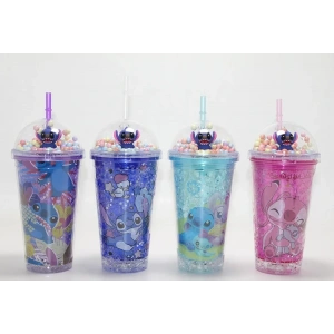 USLUCAN ALIŞVERİŞ Sevimli Stitch Işıklı Pipetli Pullu Suluk Bardak 400 ml