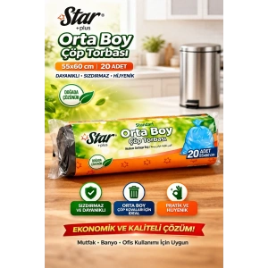 USLUCAN ALIŞVERİŞ Star Plus Orta Boy Çöp Torbası 20li 1 Paket 55x60 cm Dayanıklı Sızdırmaz Orta Boy Çöp Poşeti